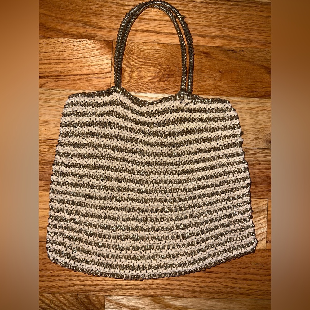 Anteprima Cream and Brown Striped Woven Tote